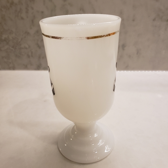 Milk Glass Pedestal Mug with D-handles and Bowling Motif with gilt banding - Picture 2 of 3